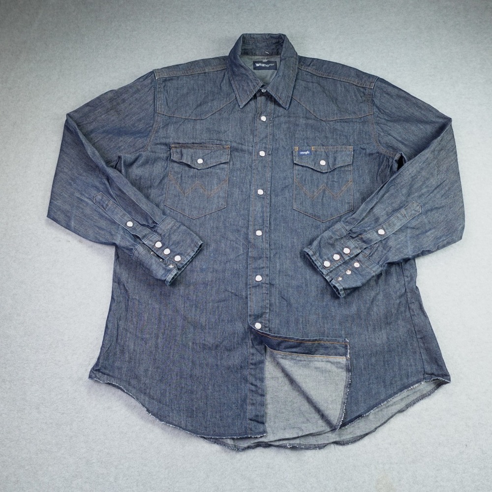 Wrangler Shirt Mens Large Blue Cowboy Western Button Front Pearl Snap
